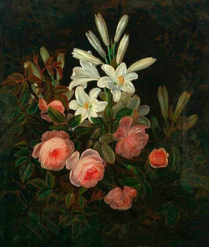 Йенсен Йохан Лауренс. Цветочный натюрморт с розами и лилиями