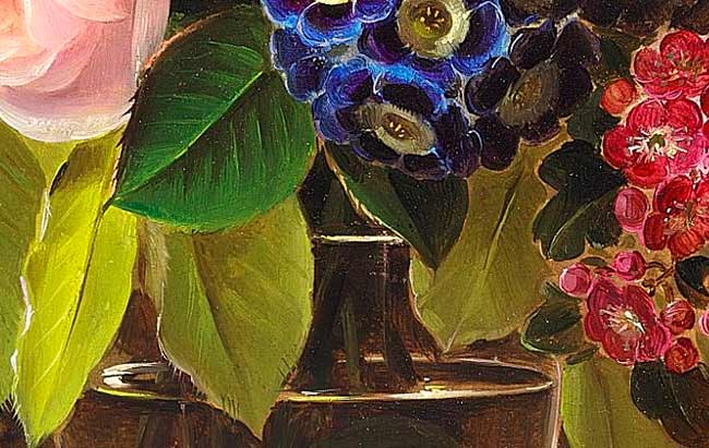 Цветы и ветка бука в стеклянной вазе (фрагмент картины). Йенсен Йохан Лауренс