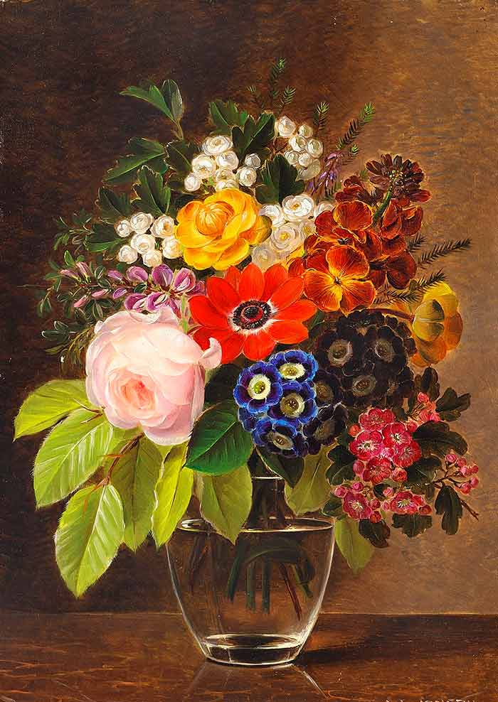 Йенсен Йохан Лауренс. Цветы и ветка бука в стеклянной вазе