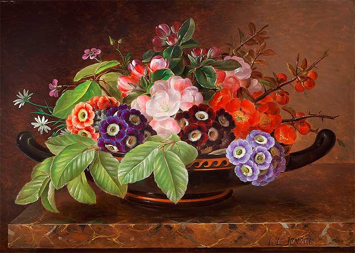 Йенсен Йохан Лауренс. Цветы в греческой чаше на мраморном столе
