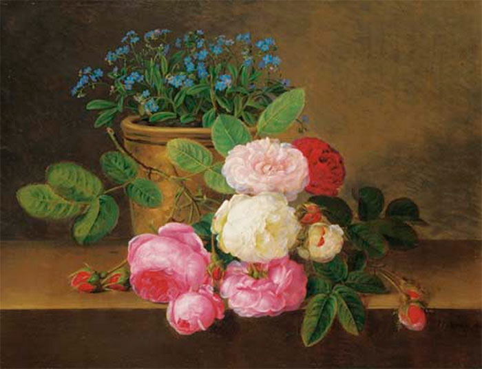 Йенсен Йохан Лауренс. Форгльммигей в горшке и красные, розовые и белые розы на раме