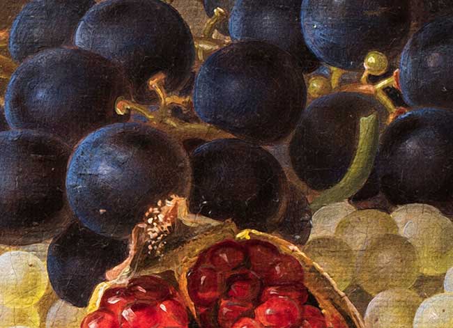 Гранат, зеленый и синий виноград на каменном столе. Йенсен Йохан Лауренс