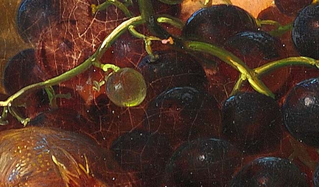 Композиция из персиков, инжира и винограда в корзине (фрагмент картины №1). Йенсен Йохан Лауренс