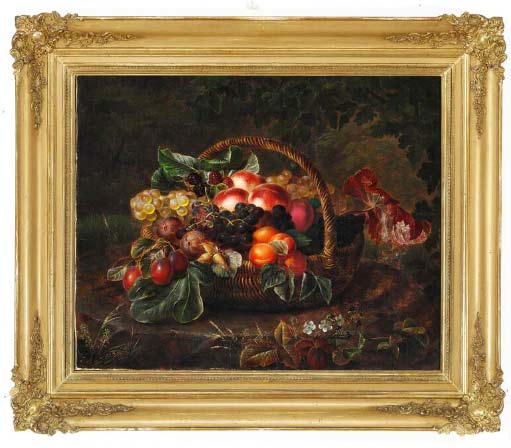 Композиция из персиков, инжира и винограда в корзине с рамой. Йенсен Йохан Лауренс