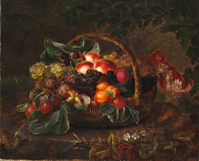Композиция из персиков, инжира и винограда в корзине. Йенсен Йохан Лауренс