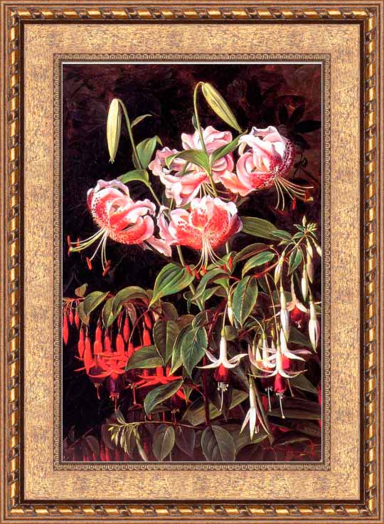 Красные лилии и фуксия с рамой. Йенсен Йохан Лауренс