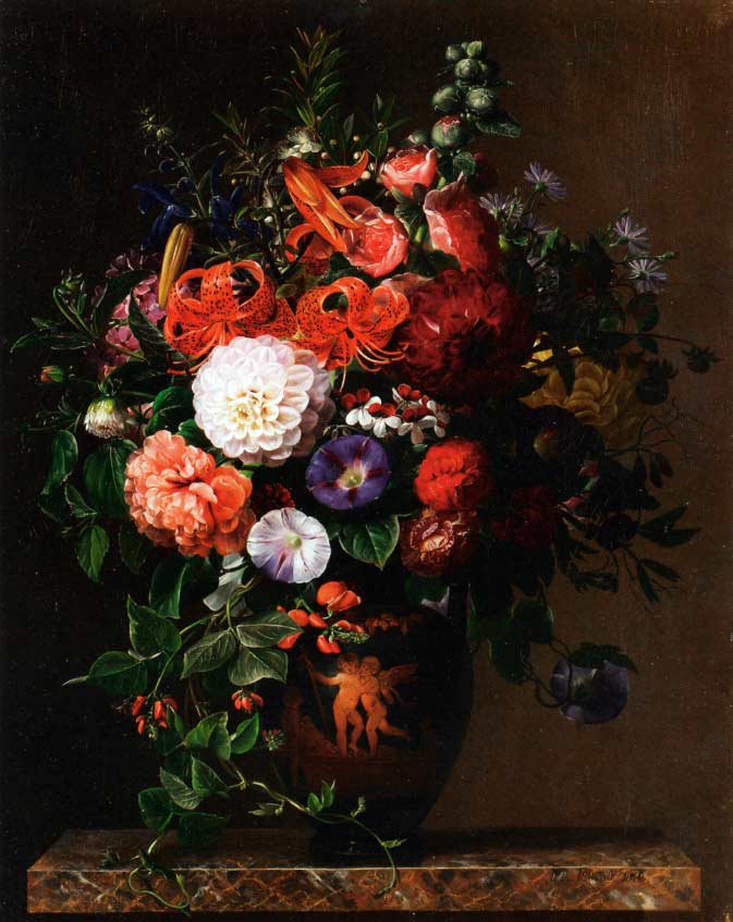 Лилии, пионы, фиалки и розы в вазе с греческой фигурой. Йенсен Йохан Лауренс