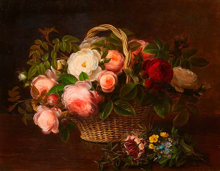 Йенсен Йохан Лауренс. Натюрморт с цветами с плетеной корзиной