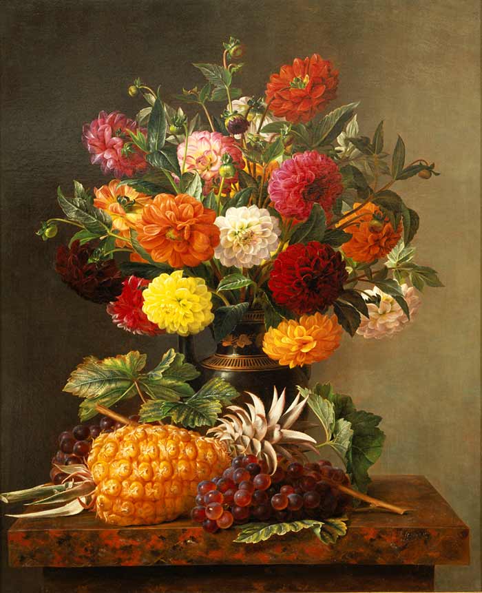 Йенсен Йохан Лауренс. Натюрморт с георгинами с ананасом и виноградом