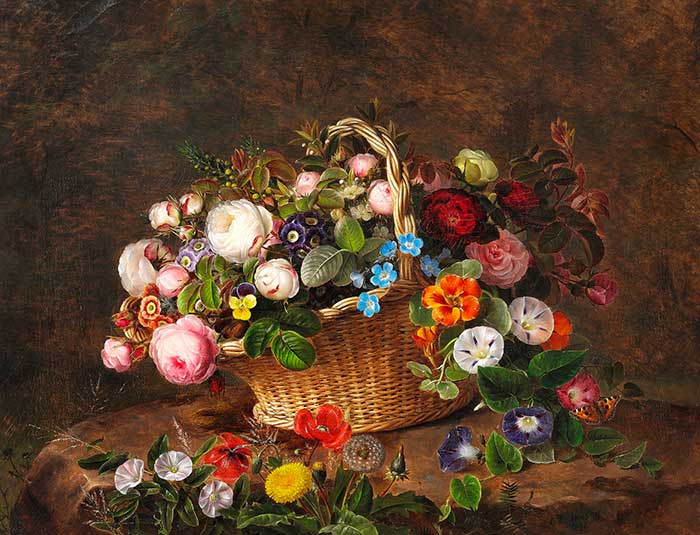 Йенсен Йохан Лауренс. Плетеная корзина с розами, примулой золотистой и анютиными глазками