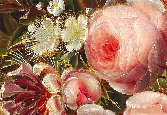 Розы и летние цветы в корзине на раме (фрагмент картины). Йенсен Йохан Лауренс