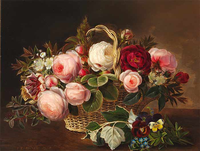 Розы и летние цветы в корзине на раме. Йенсен Йохан Лауренс