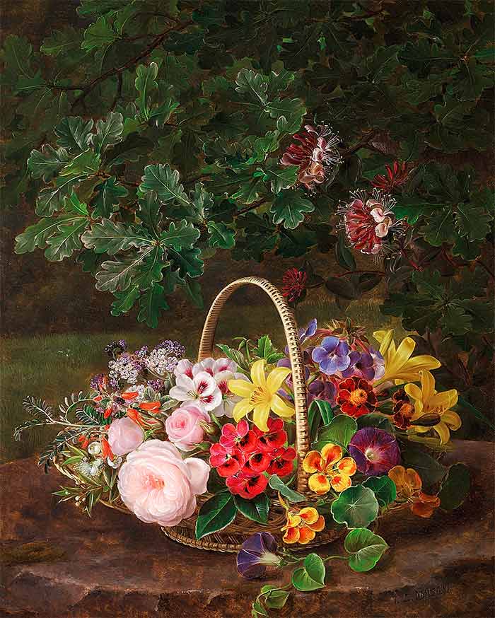 Йенсен Йохан Лауренс. Розы, лилии, осенние флоксы, репы и другие цветы в корзине на пне