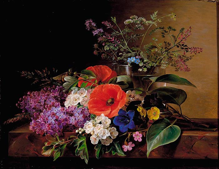 Йенсен Йохан Лауренс. Сирень, маки и фруктовые ветки на каменном столе