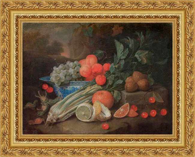 Абрикосы и виноград в бело-голубой миске Ван-ли из краака на выступе стола в раме. Йорис ван Сон