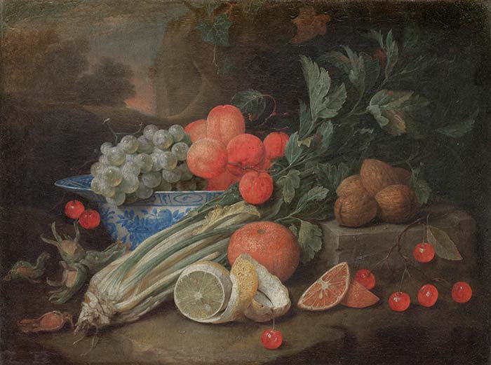Йорис ван Сон. Абрикосы и виноград в бело-голубой миске Ван-ли из краака на выступе стола