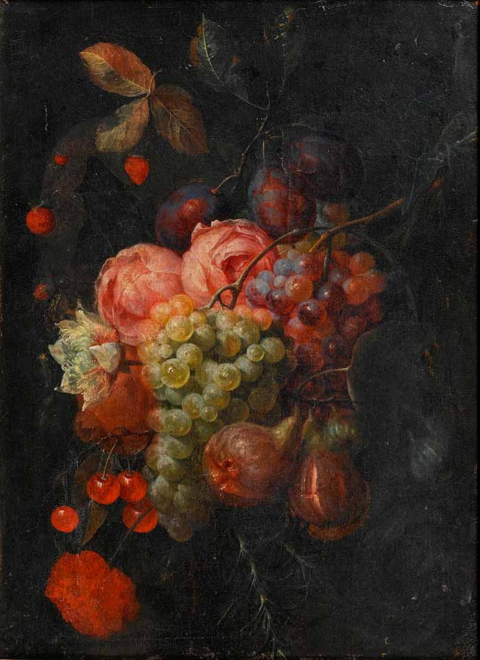 Йорис ван Сон. Гирлянда из роз, инжира, винограда, плюща и вишни