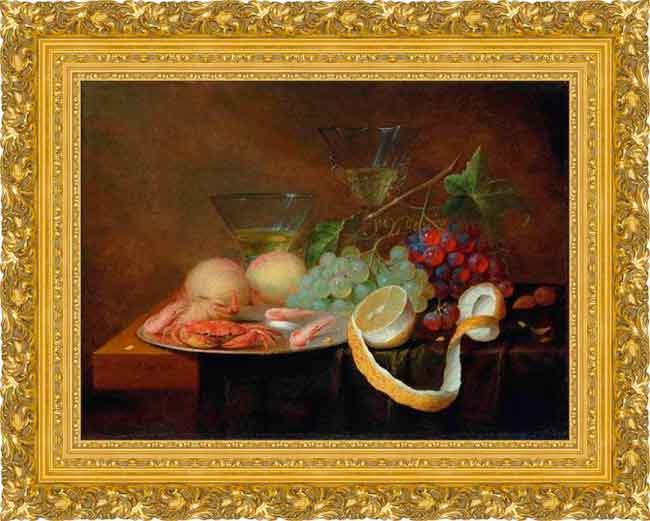 Крабы и креветки на оловянном блюде с виноградом в раме. Йорис ван Сон