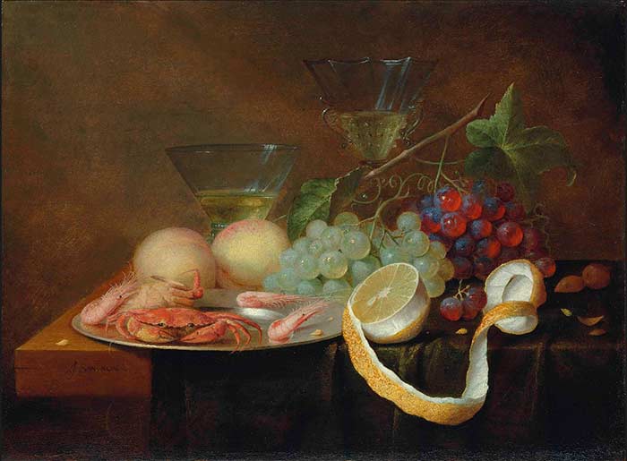 Крабы и креветки на оловянном блюде с виноградом. Йорис ван Сон