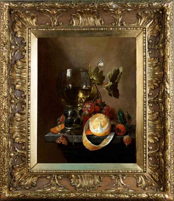 Натюрморт с фруктами и бокалом на выступе в раме. Йорис ван Сон