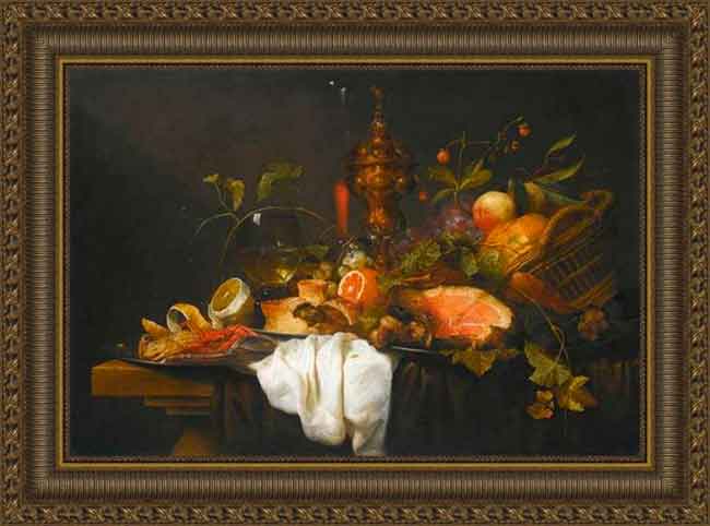 Натюрморт с фруктами в корзине «Пронк» с позолоченным кубком в раме. Йорис ван Сон