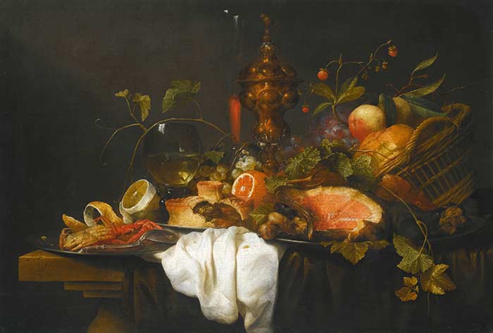 Йорис ван Сон. Натюрморт с фруктами в корзине «Пронк» с позолоченным кубком