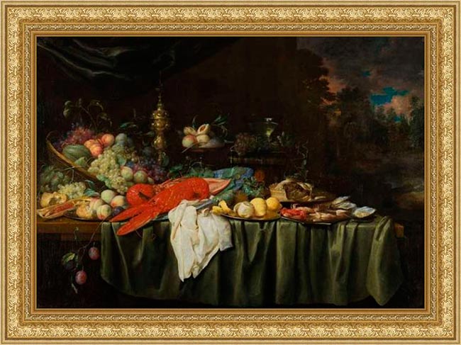 Натюрморт с омаром и фруктами в раме. Йорис ван Сон