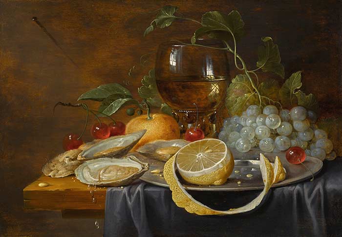 Натюрморт с устрицами, вишней, виноградом, цитрусовыми и стеклянным ремешком на частично задрапированном деревянном столе. Йорис ван Сон