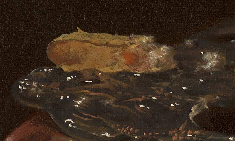 Натюрморт с фруктами и рюмками на серебряной тарелке. Фрагмент №3 Калф Виллем
