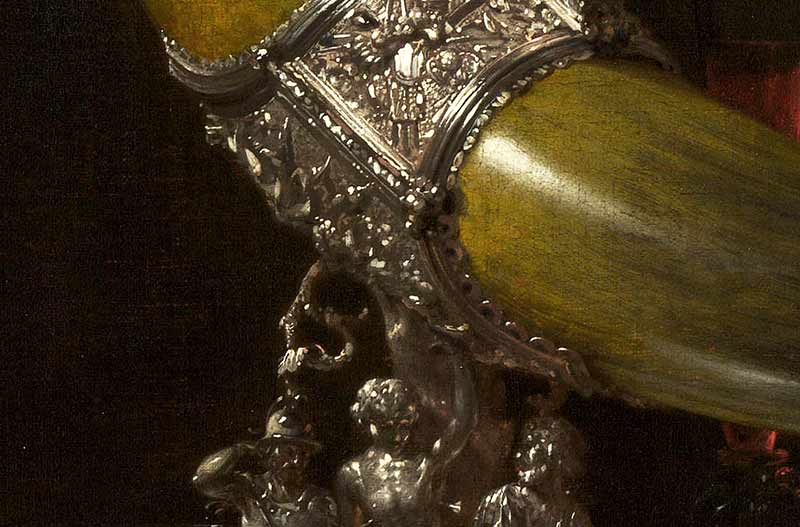 Натюрморт с рогом гильдии лучников Святого Себастьяна, омаром и бокалами. Фрагмент №2 Калф Виллем