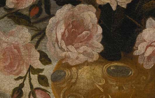 Натюрморт с ирисом, лилиями, розами и гвоздиками в сложной урне, с бело-голубой чашкой и маленькой стеклянной вазой; пейзаж за гранью» (один из пары). Фрагмент №1 Кампробин Педро де