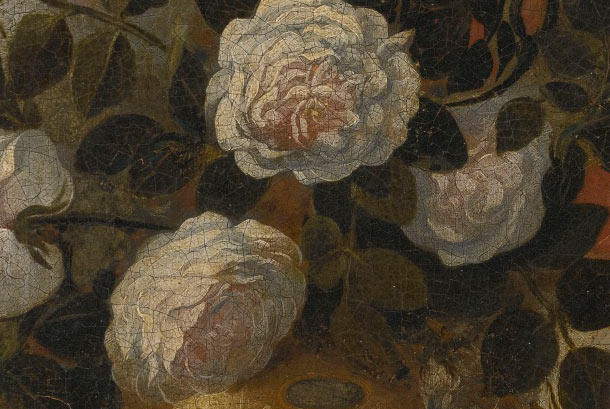 Натюрморт с ирисом, лилиями, розами и гвоздиками в сложной урне, с бело-голубой чашкой и маленькой стеклянной вазой; пейзаж за гранью. Фрагмент №1 Кампробин Педро де