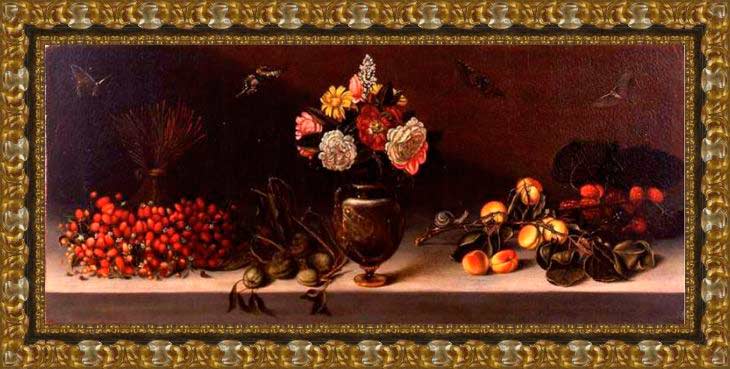 Натюрморт с фруктами, цветком и бабочками в раме. Караваджо