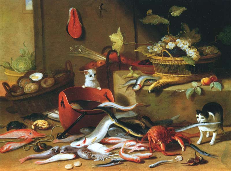 Кошки с натюрмортами с морскими животными, фруктами и овощами. Кессель Старший, Ян ван