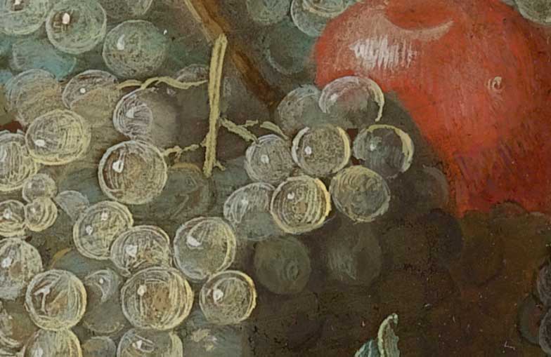 Натюрморт с виноградом и другими фруктами на блюде, стеклянная ваза с тюльпанами, дыня, абрикосы, вишня и другие фрукты. Фрагмент №2 Кессель Старший, Ян ван