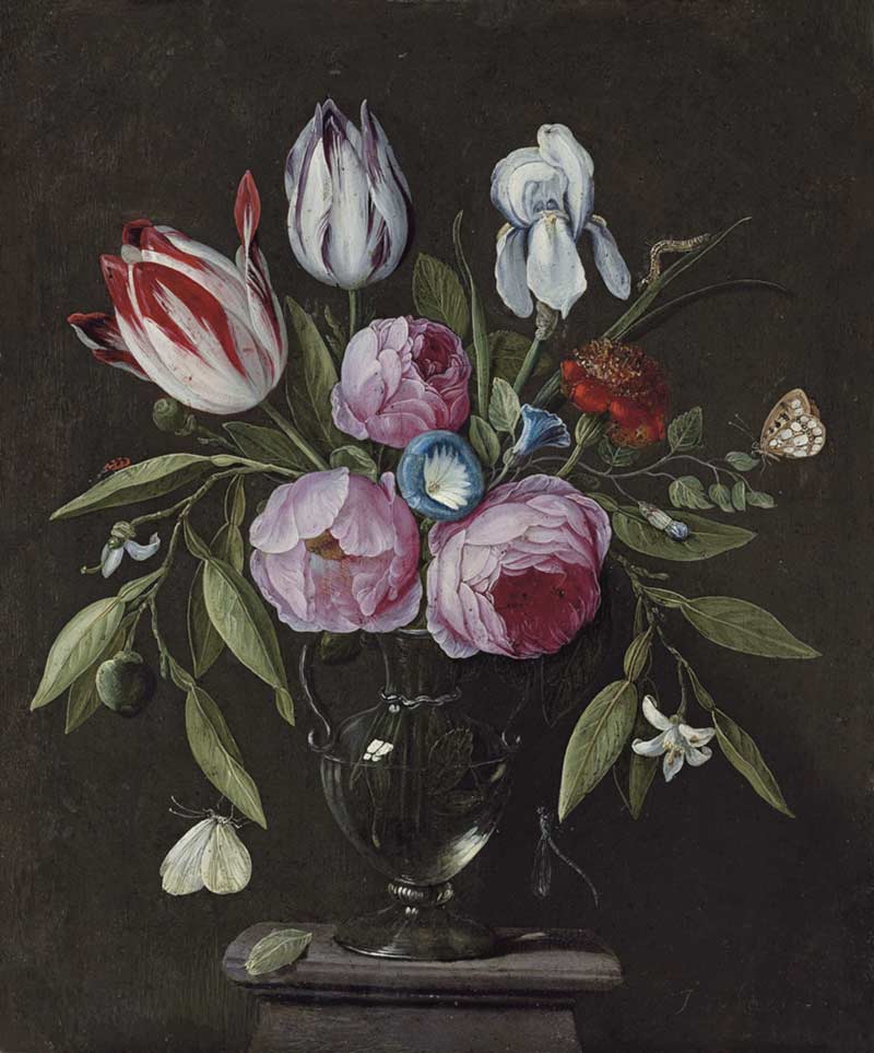 Кессель Старший. Розы, тюльпаны, ирис и другие цветы в стеклянной вазе на каменном постаменте с бабочками и другими насекомыми