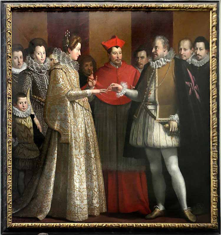 «Брак Марии Медичи по доверенности с Генрихом IV французским, которого представлял Фердинанд I» в раме. Кименти да Эмполи, Якопо