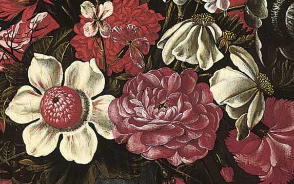 Подвое, хризантемы, розы, анемоны, попугайные тюльпаны и другие цветы в классической урне на постаменте, с бабочкой и стрекозой. Фрагмент №1 Кодино, Франческо