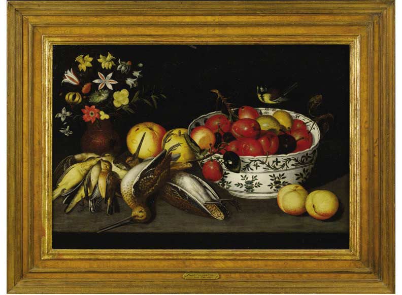 «Натюрморт с цветами, птицами и фруктами» в раме. Кодино, Франческо