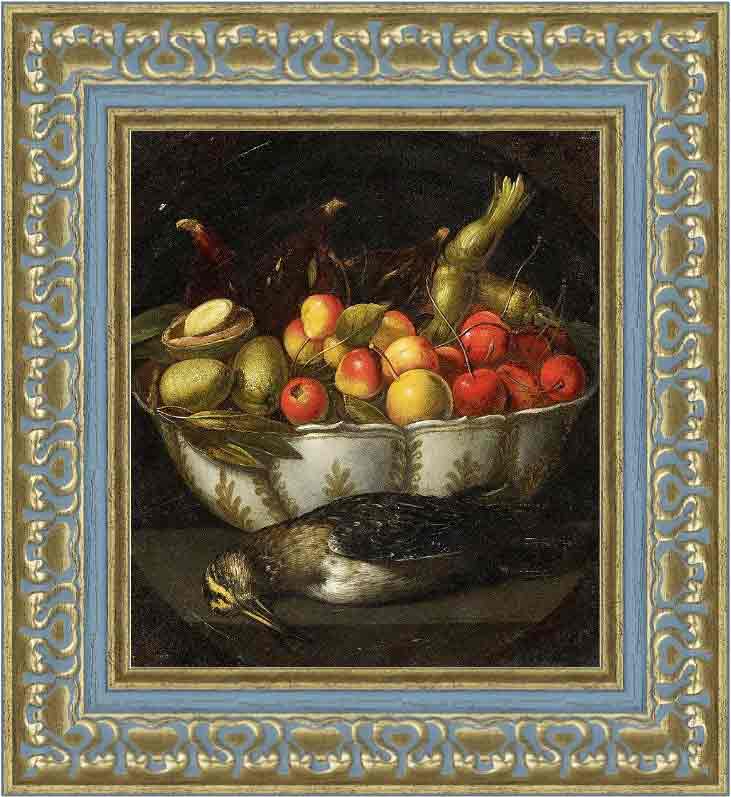 «Натюрморт с фруктами, орехами и дросселем» в раме. Кодино, Франческо