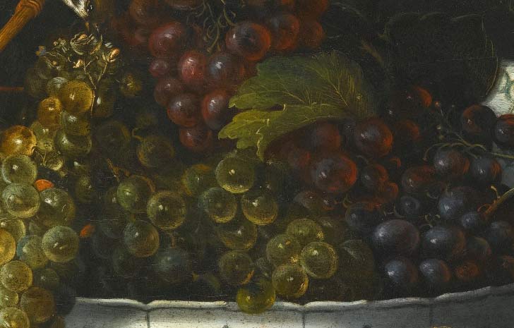 Натюрморт с виноградом в фарфоровой чаше, фруктами в позолоченной чашке и другими предметами. Фрагмент №2 Кодино, Франческо