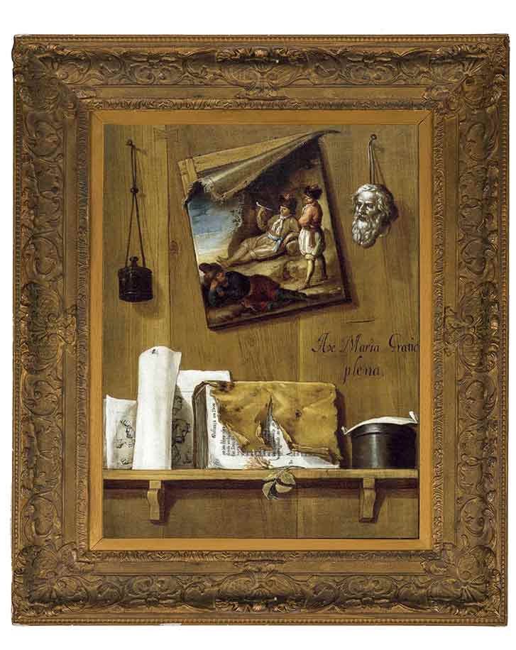 «Обманка с книгой, гравюрами и коробкой» в раме. Льоренте Бернардо Херман