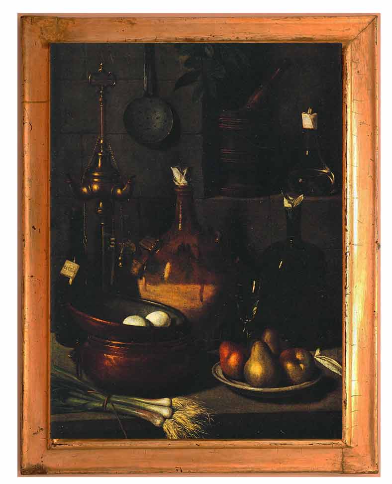 «Кухонный натюрморт с бутылкой малаги, луком и яйцами» в раме. Маджини, Карло