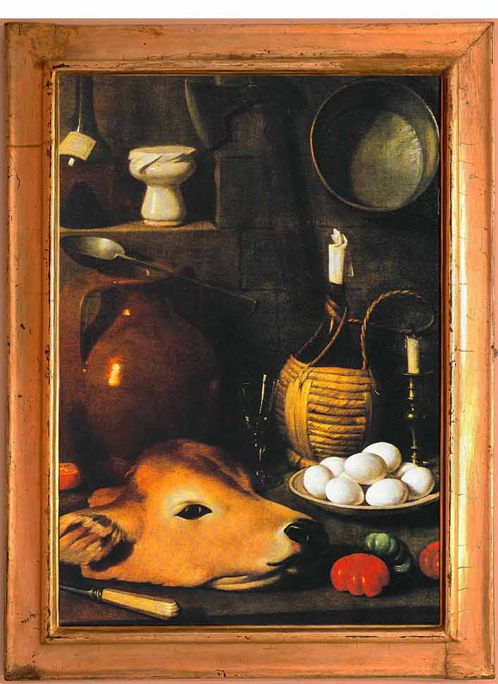 «Кухонный натюрморт с телячьей головой, помидорами и ножом» в раме. Маджини, Карло
