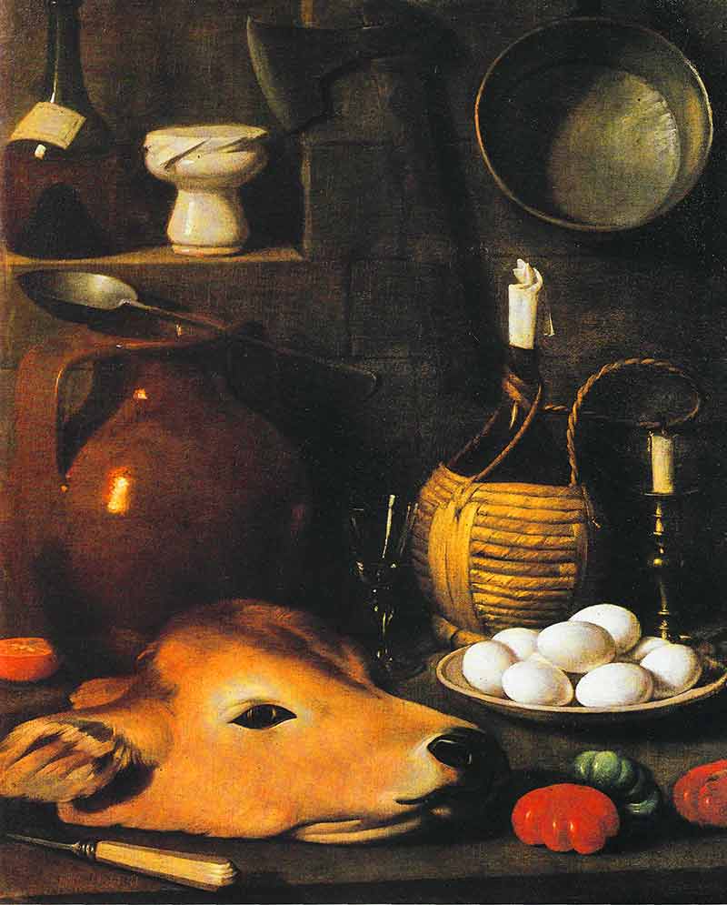 Кухонный натюрморт с телячьей головой, помидорами и ножом. Маджини, Карло