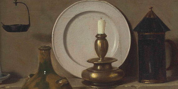 Масляная лампа, керамика, латунный фонарь, нож, лук и голова теленка. Фрагмент №2 Маджини, Карло