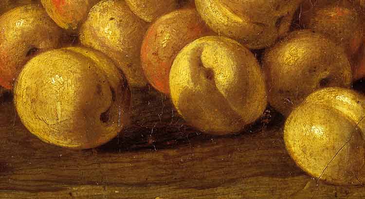 Натюрморт с абрикосами, булочками и сосудами. Фрагмент №1 Мелендес, Луис