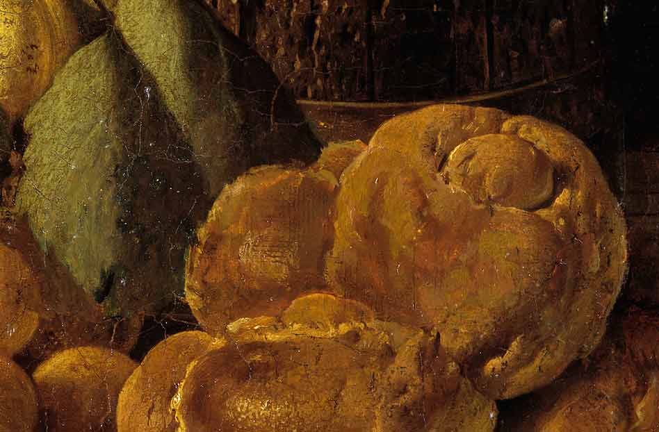 Натюрморт с абрикосами, булочками и сосудами. Фрагмент №3 Мелендес, Луис