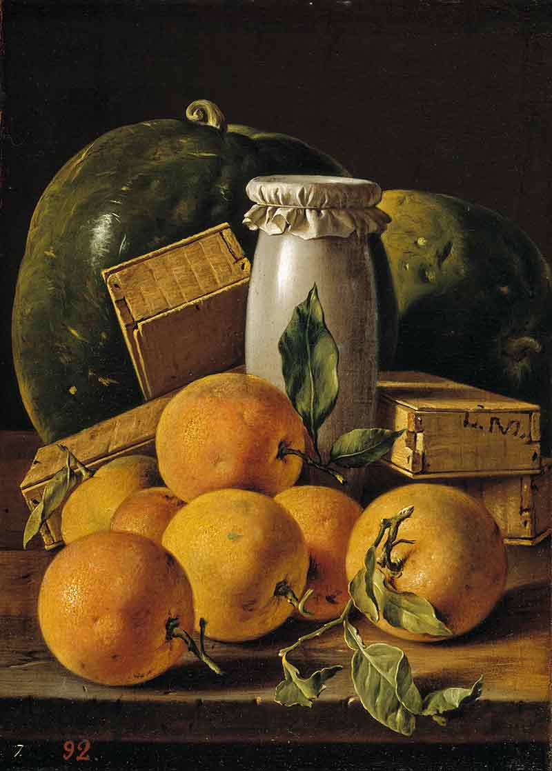 Музей Прадо, картины. Мелендес, Луис. Натюрморт с апельсинами, медовые коробки с конфетами и арбузами