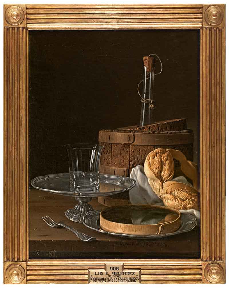 «Натюрморт с коробкой желейного хлеба Поднос со стеклом и холодильником» в раме. Мелендес, Луис